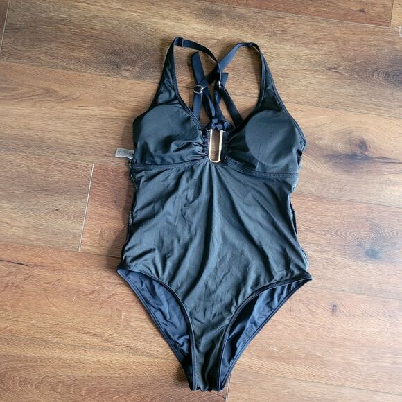 Womens M One Piece Retro Bathing Suit Tummy Control Wrap Cover Up Shirt NEW - Picture 12 of 16